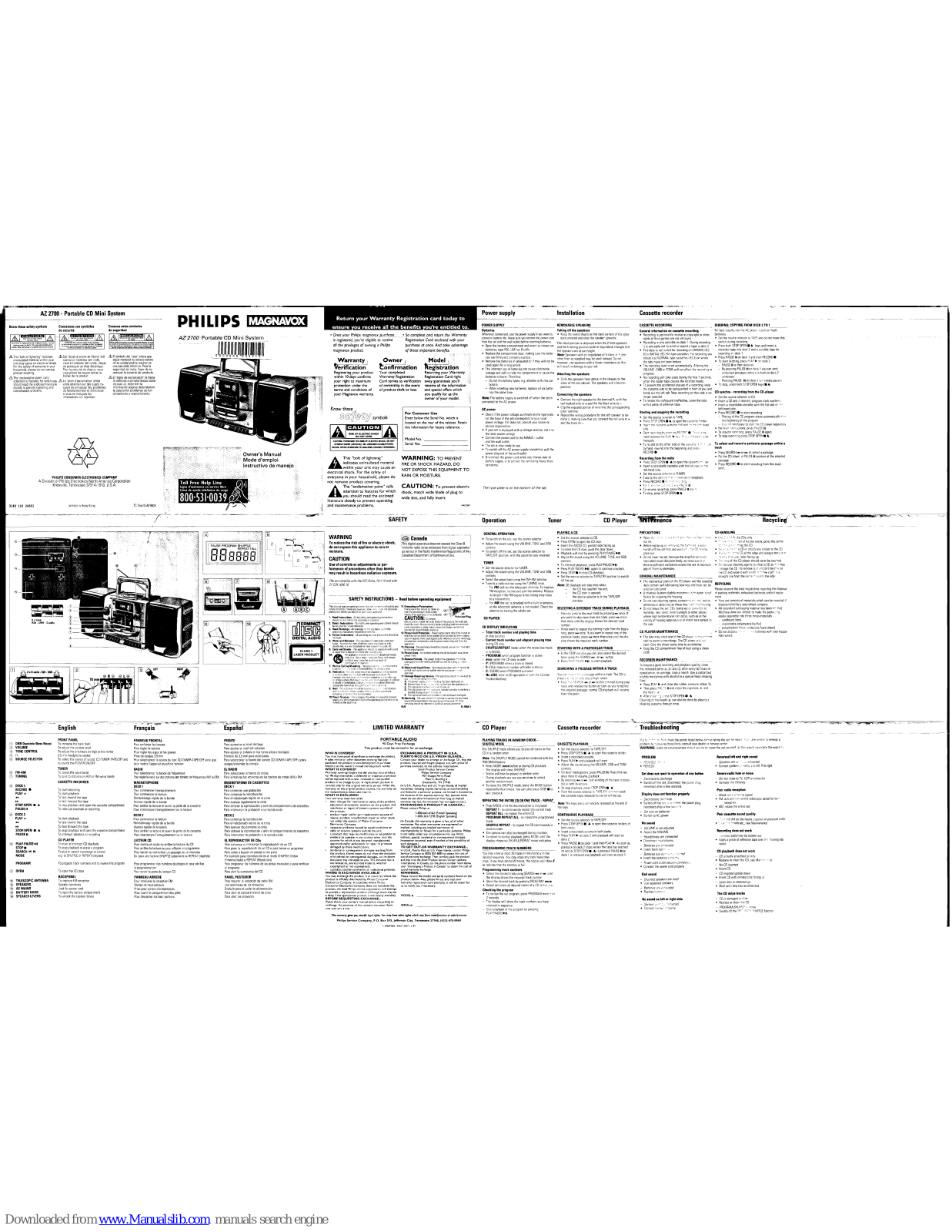 Philips AZ 2700, Magnavox AZ 2700 Owner's Manual