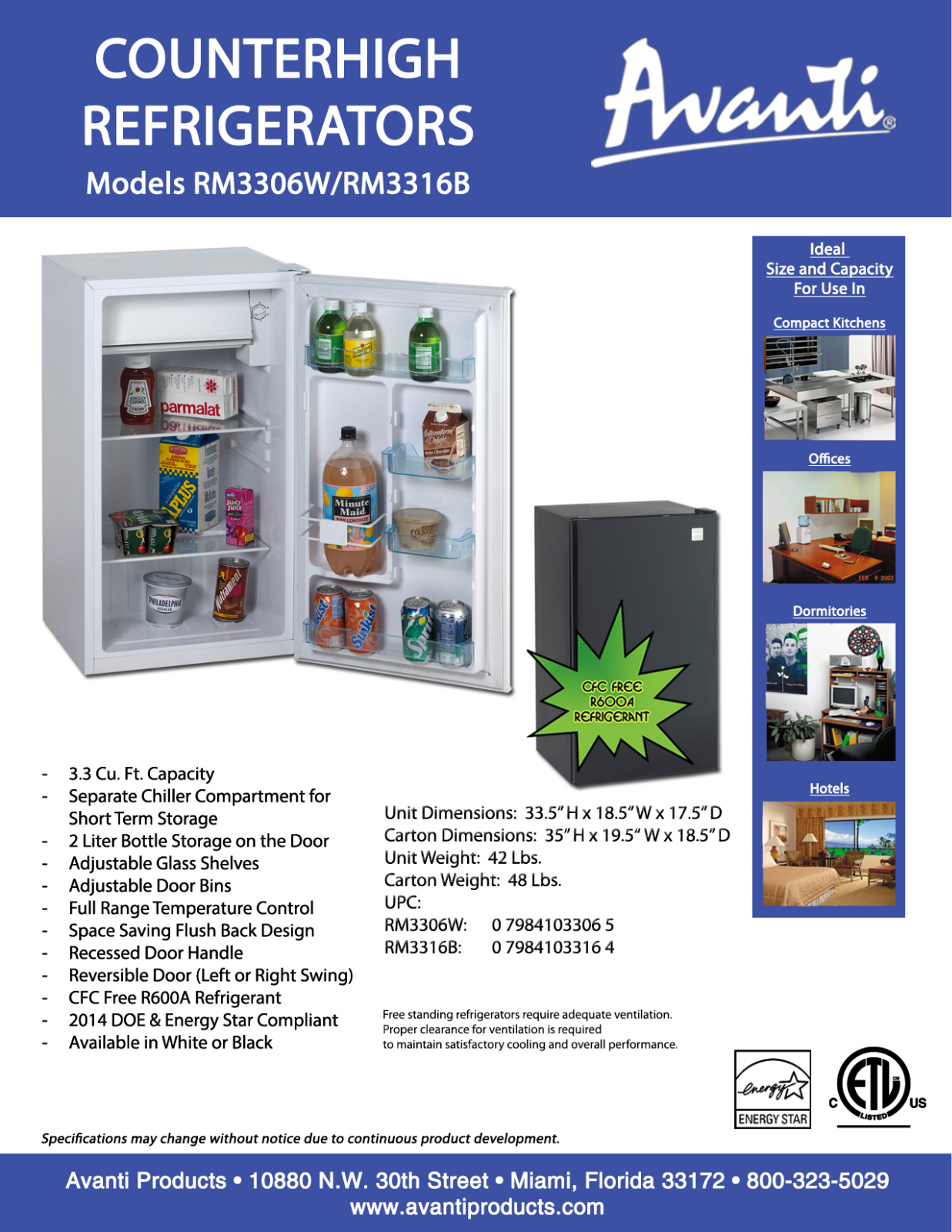 Avanti RM3306W, RM3316B Catalog Page