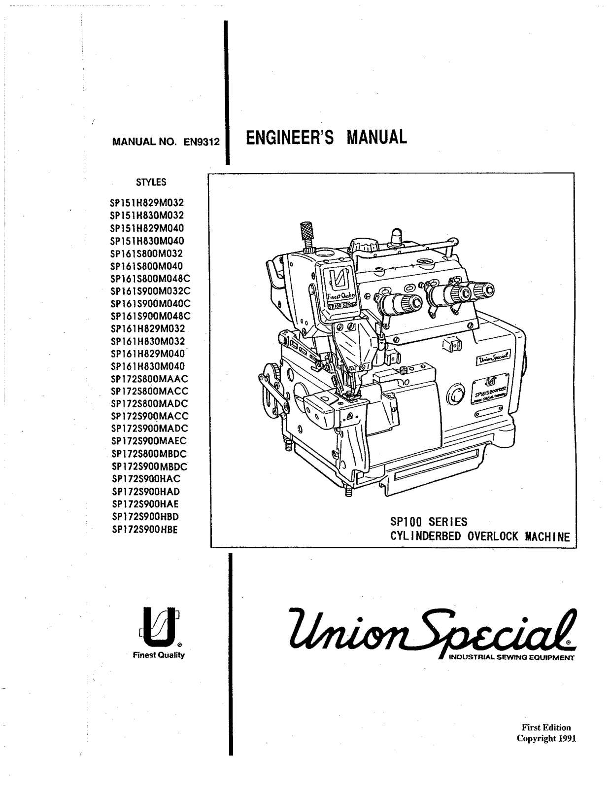 Union Special SP151H829M032, SP151H829M040, SP151H830M032, SP151H830M040, SP161H829M032 Parts List