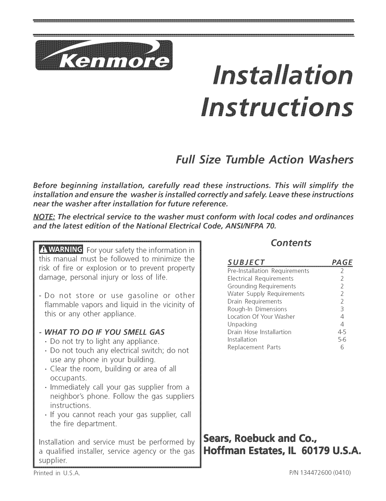 Kenmore 41744052400, 41744052500, 41744082400, 41744082500, 41744092500 Installation Guide