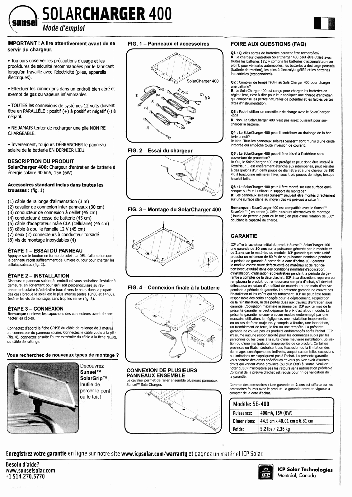 ICP Solar Technologies SolarCharger 400 User guide