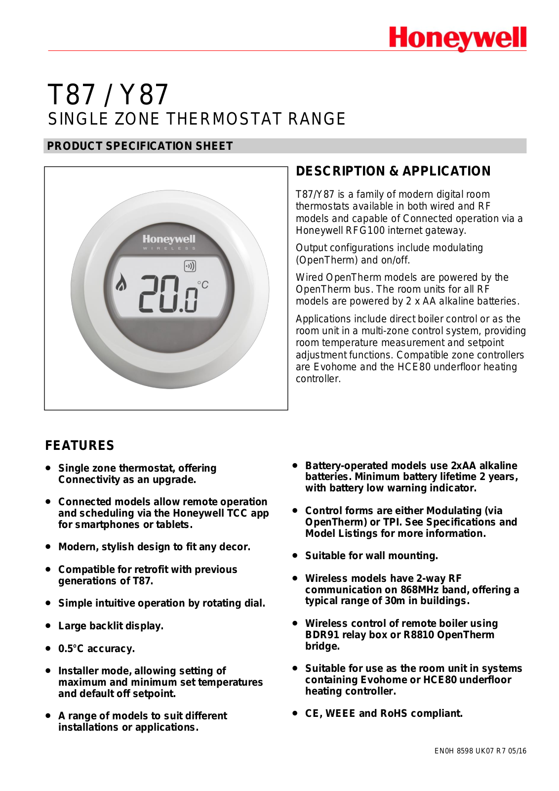 HONEYWELL T87/Y87 SCHEDA TECNICA (EN) - ManualMachine.com