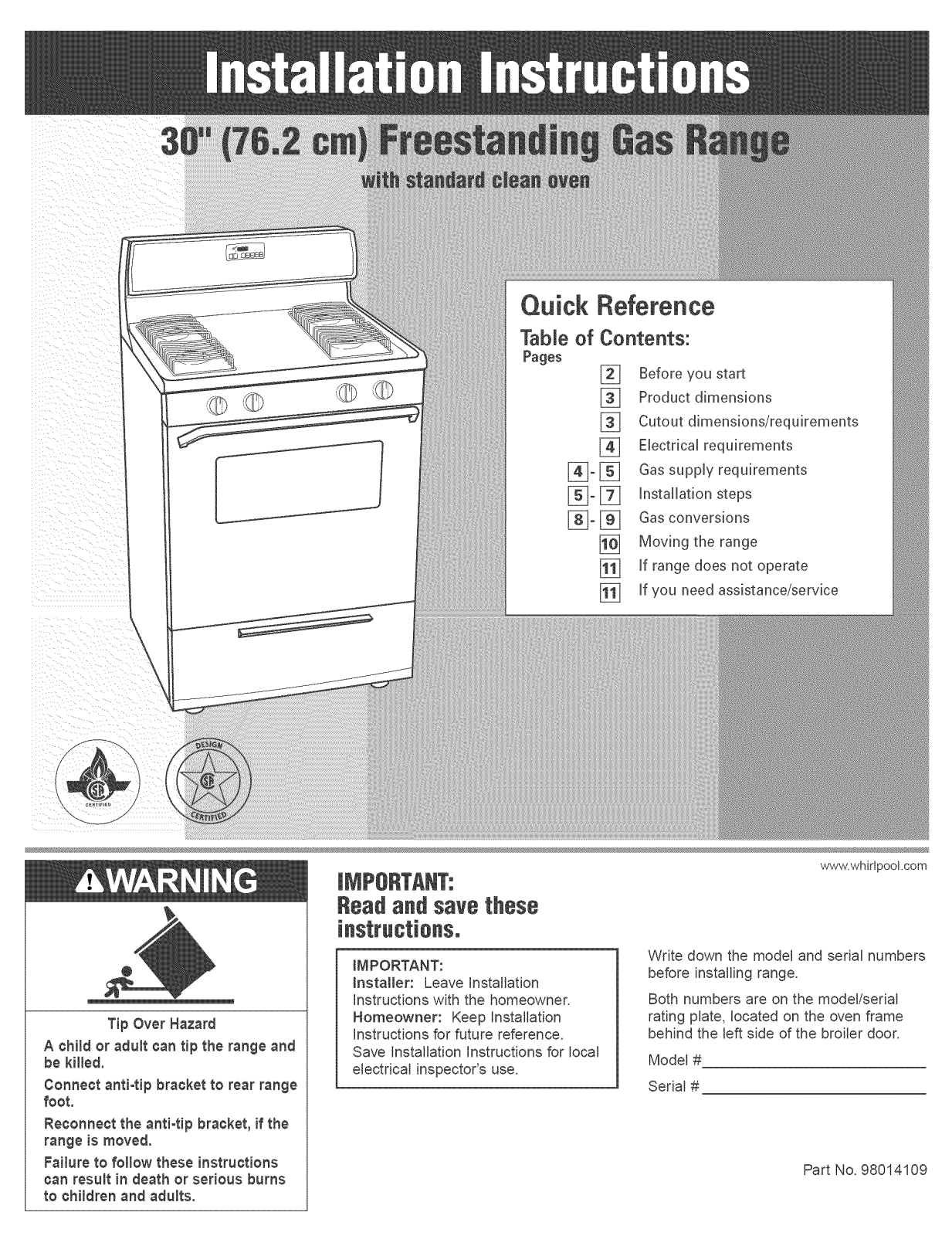 Whirlpool SF315PEMT1, SF315PEMT0, SF315PEMQ0, SF315PEMQ1, SF315PEMB1 Installation Guide - ManualMachine.com