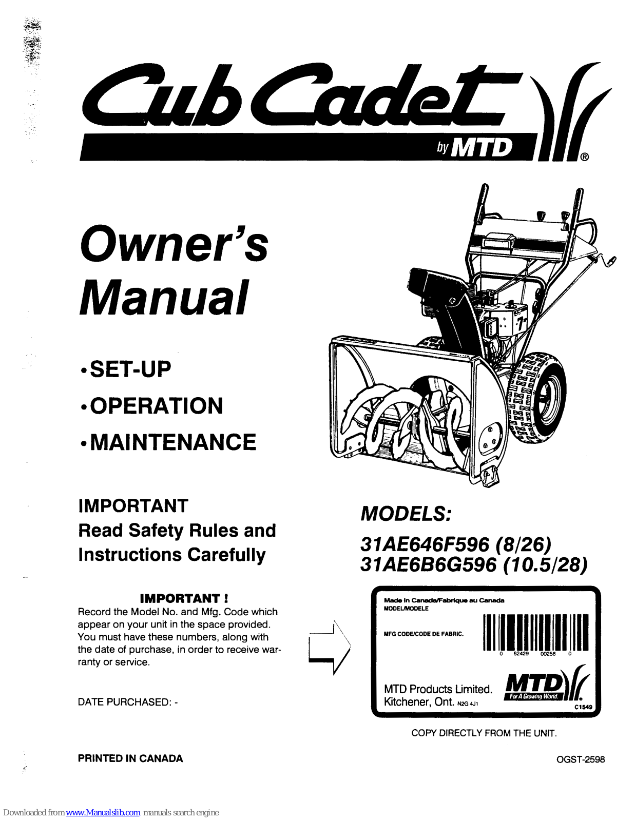 Cub Cadet 31ae646F596, 31ae6b6g596 Owner's Manual