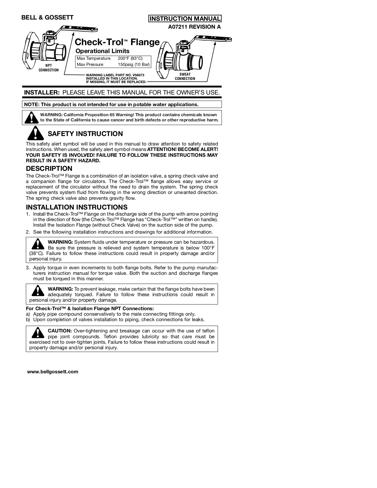 Bell & Gossett A07211A User Manual