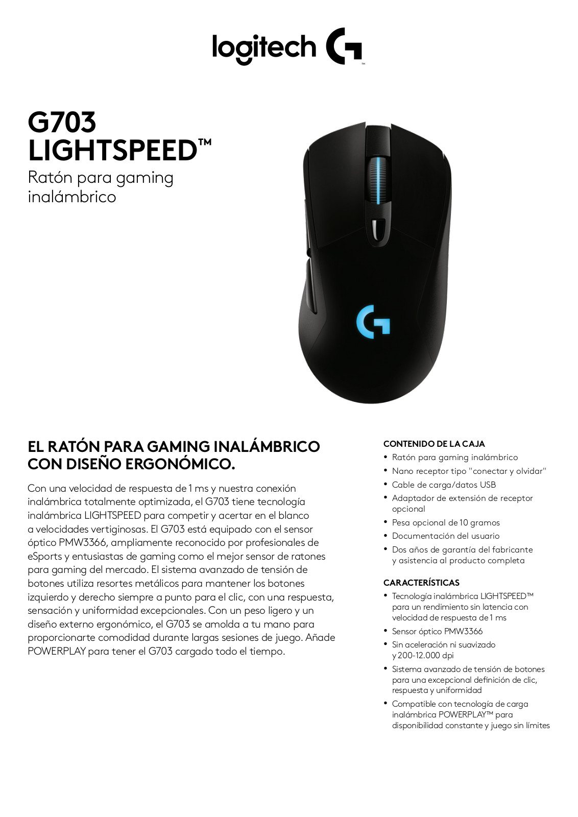 Logitech G703 LIGHTSPEED SPECIFICATIONS