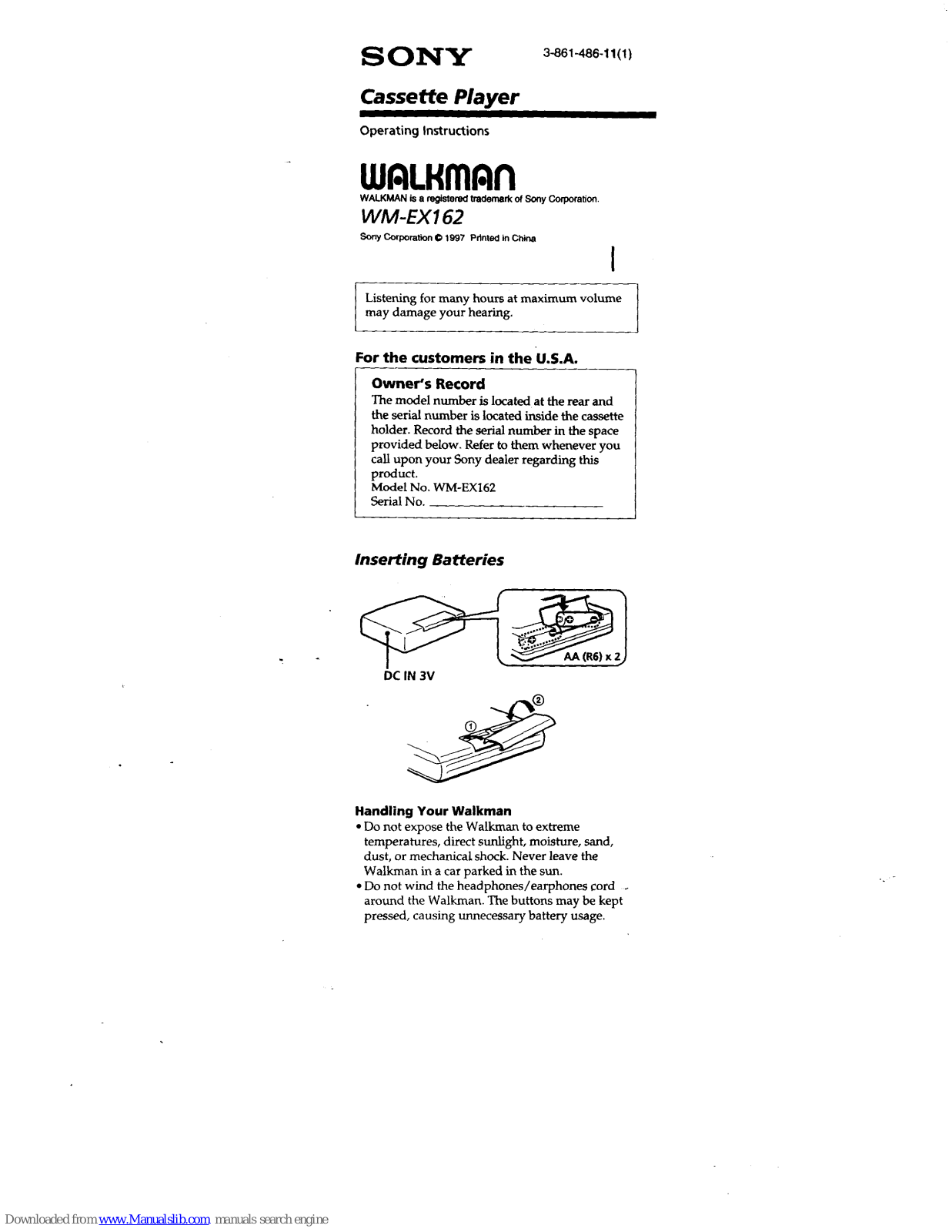 Sony Walkman WM-EX162 Operating Instructions Manual