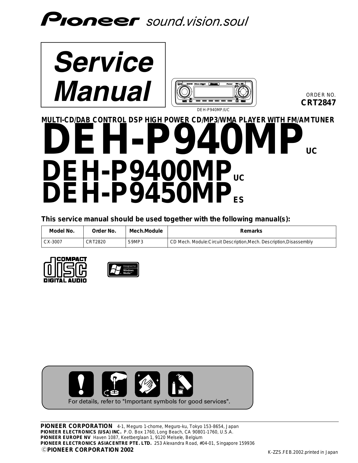 PIONEER DEH-P940MP, DEH-P9400MP, DEH-P9450MP Service Manual
