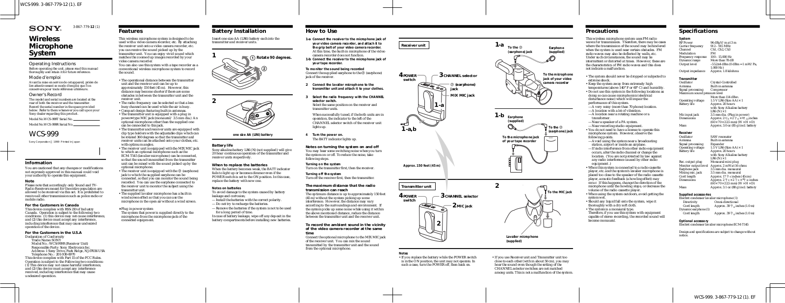 Sony WCS999T2 Instruction Manual