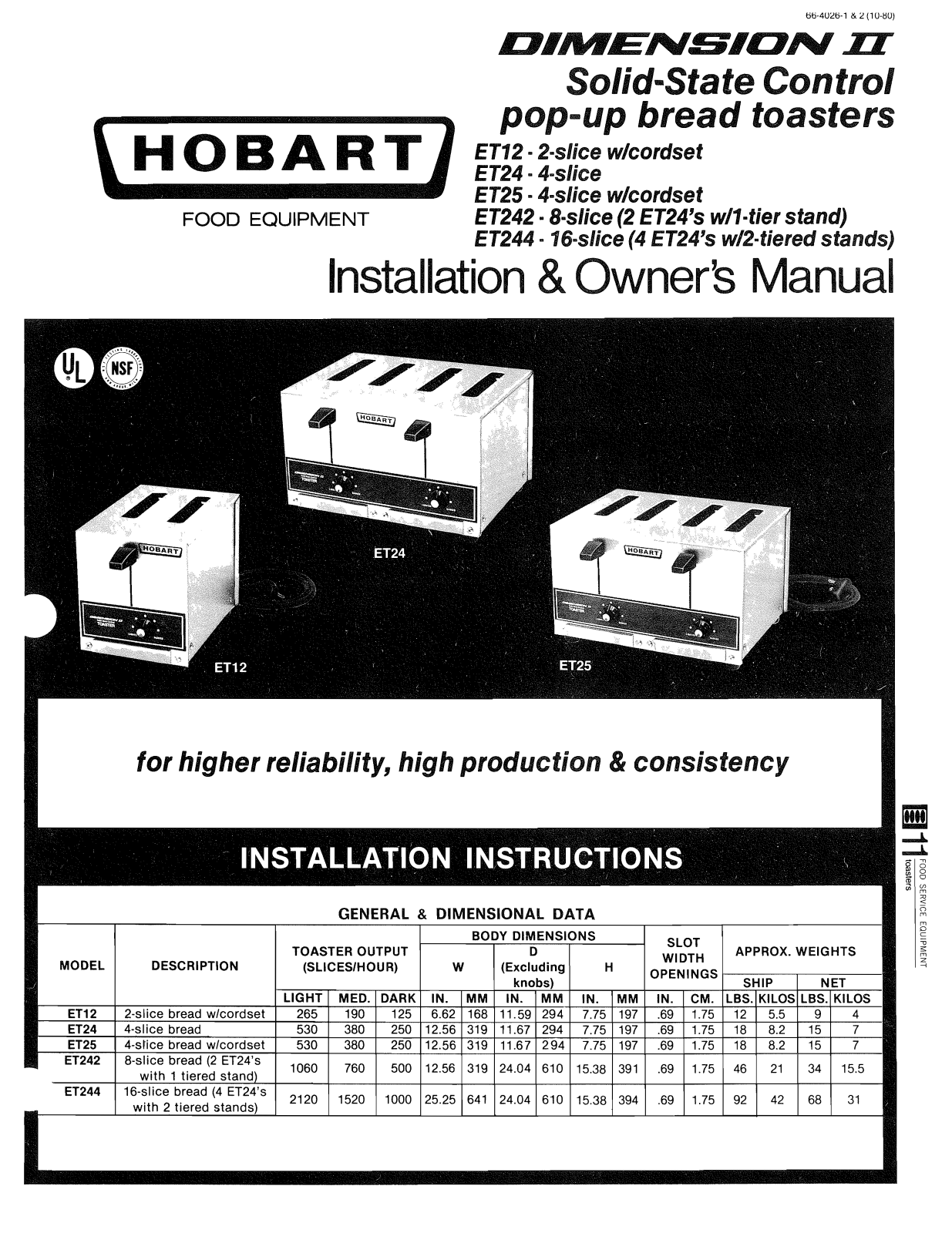 Hobart ET12, ET24, ET242, ET244, ET25 User Manual