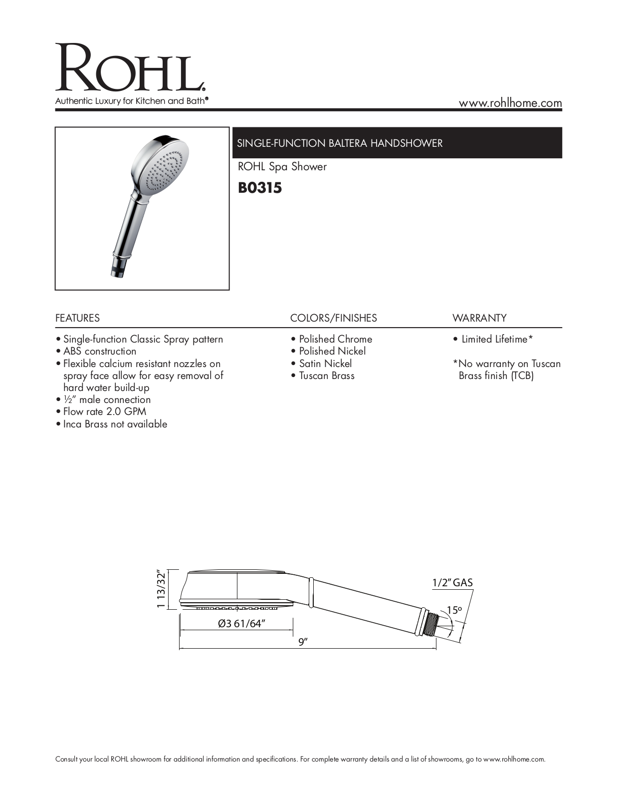 Rohl B0315MB, B0315SG Specifications