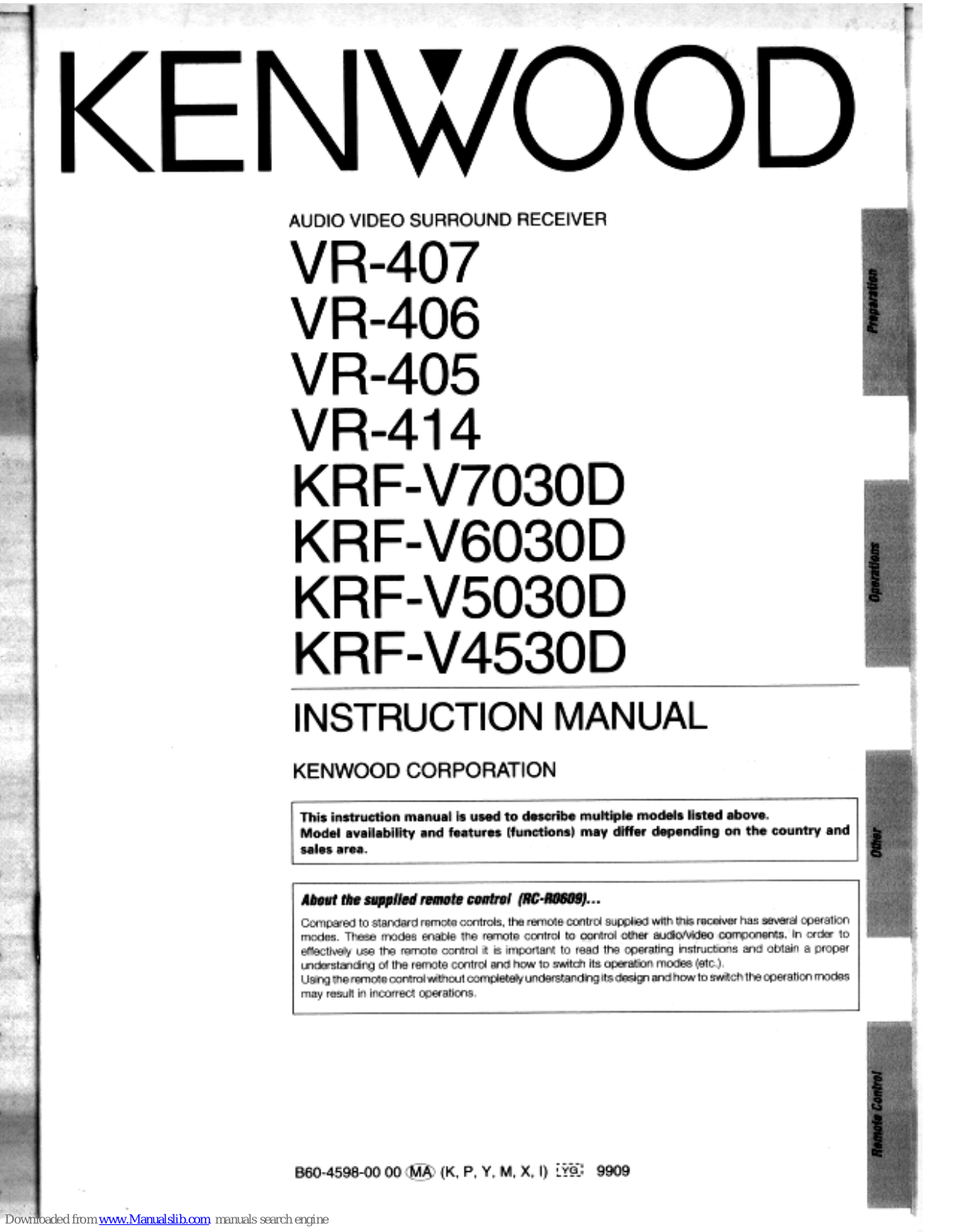 Kenwood VR-405, KRF-V7030D, VR-406, KRF-V6030D, KRF-V50030D Instruction Manual