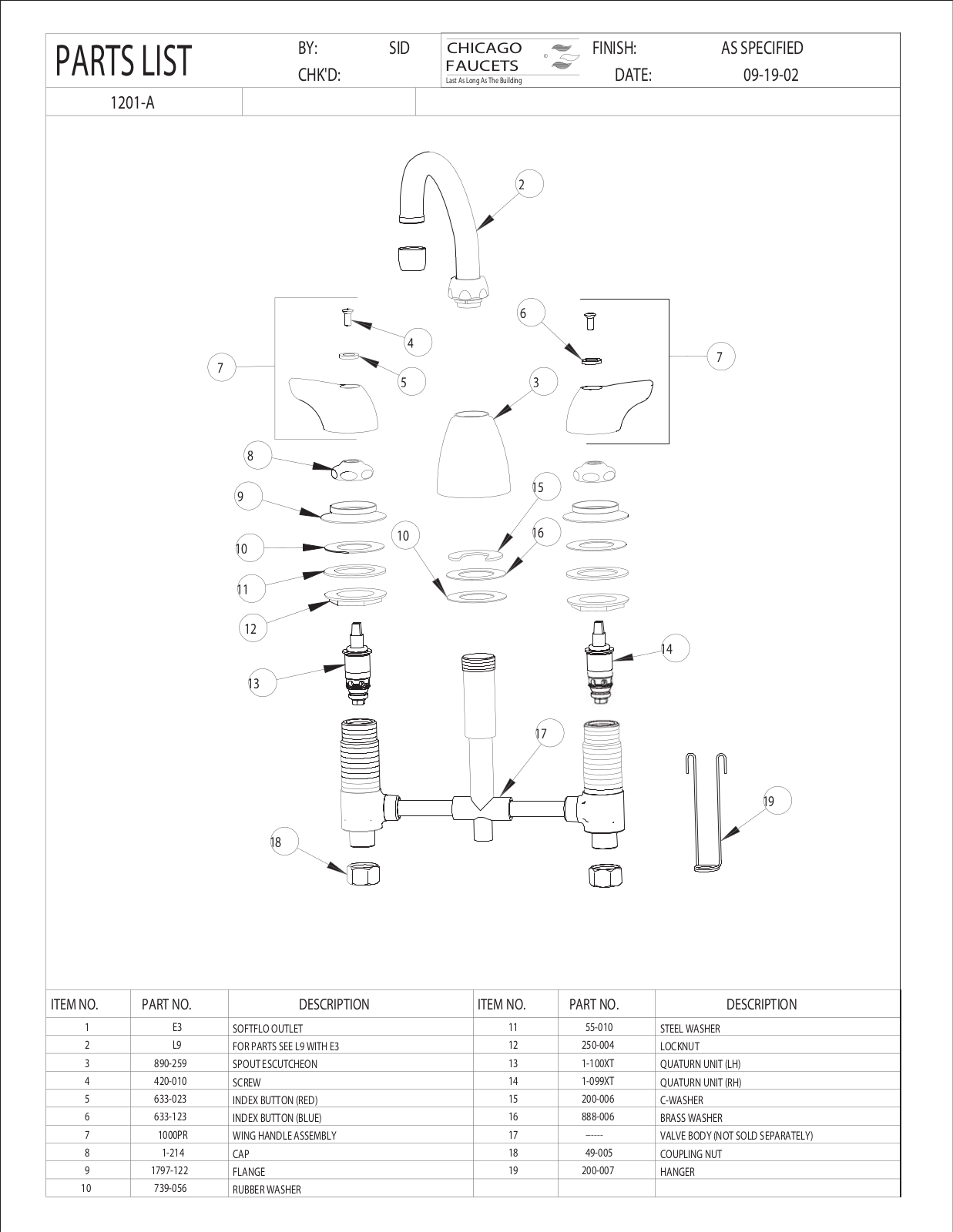 Chicago Faucet 1201-A Parts List