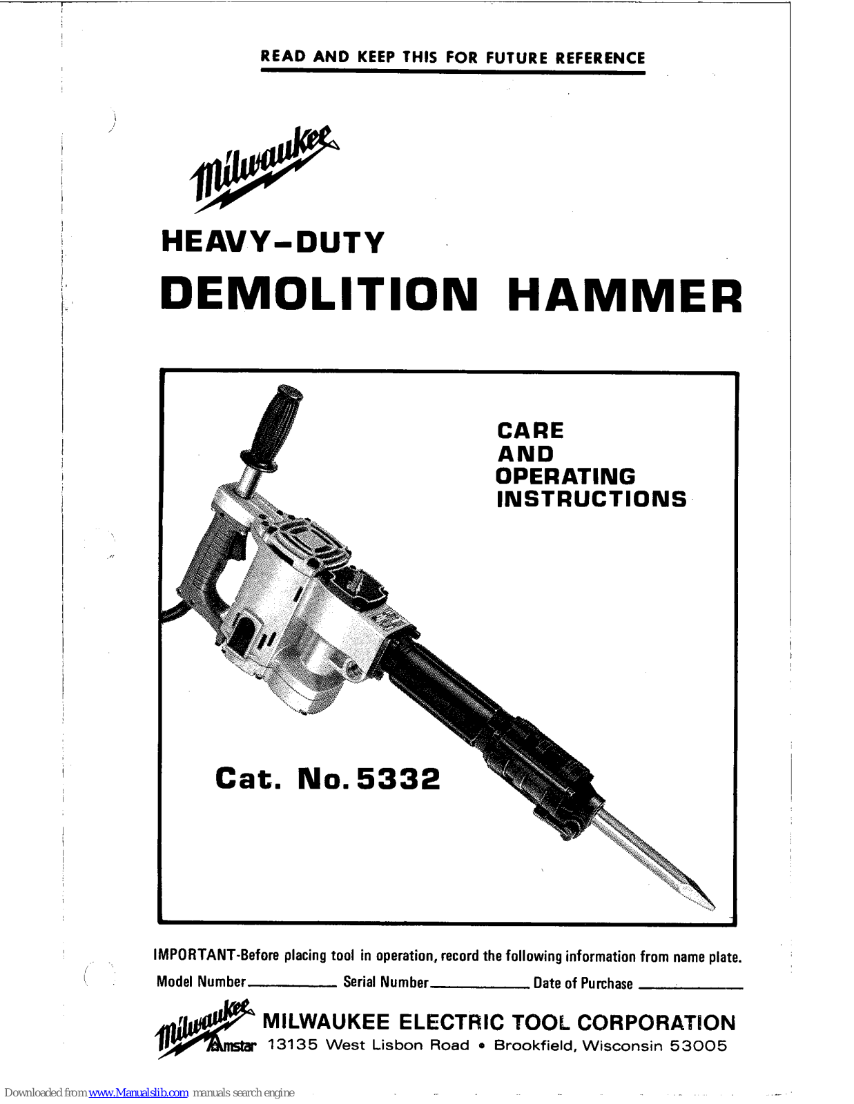 Milwaukee 5332 Care And Operation Instructions Manual