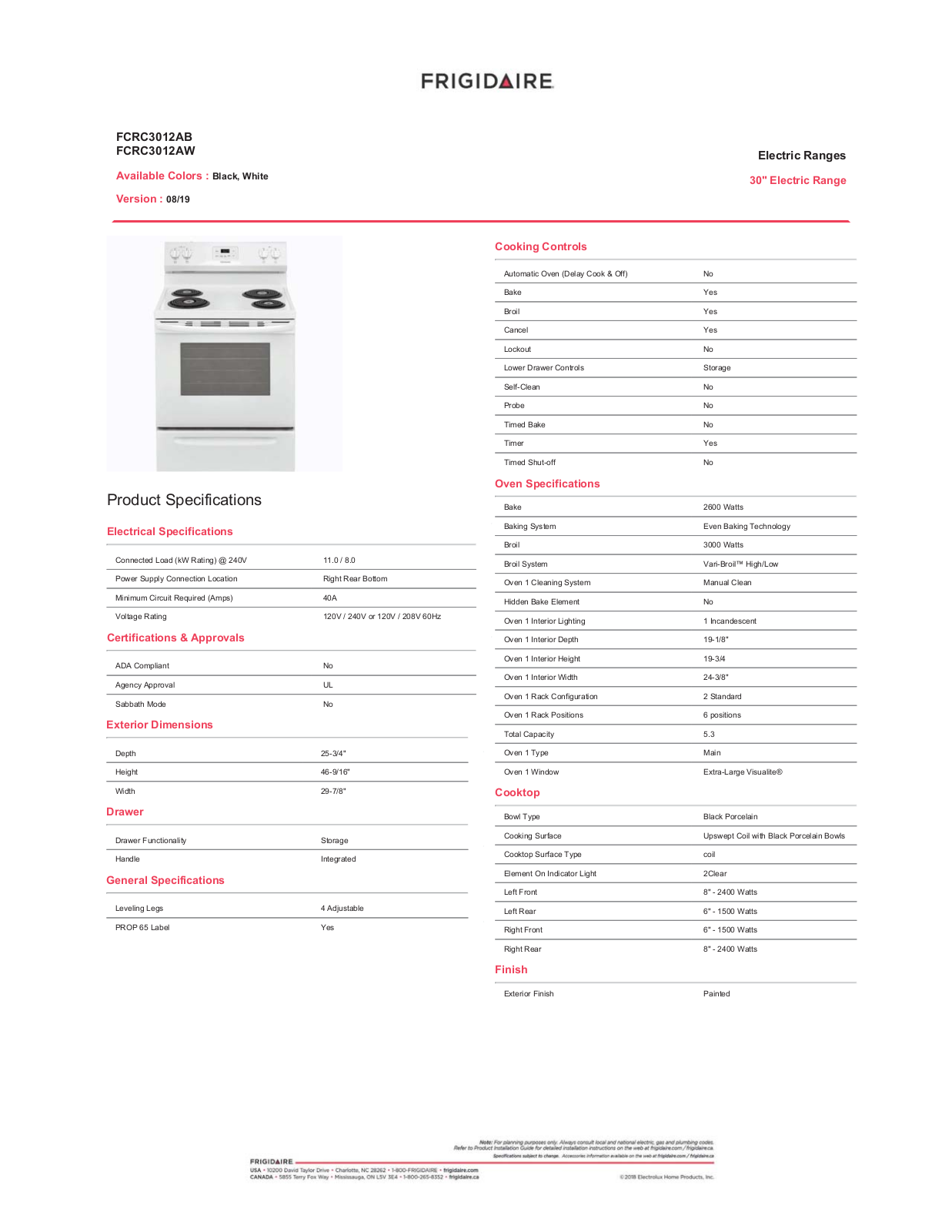 Frigidaire FCRC3012AW Specifications