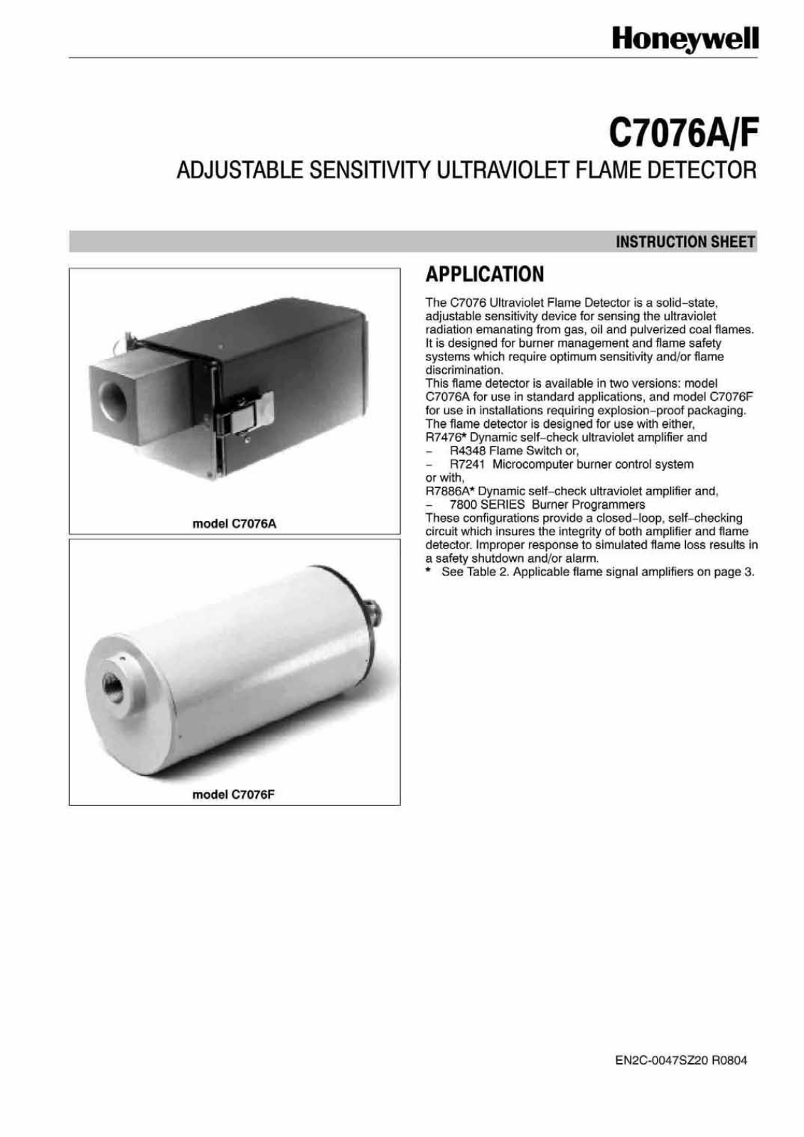 Honeywell C7076A, C7076F Instruction Sheet