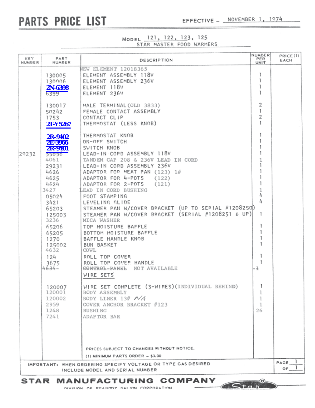 Star 122 Parts List