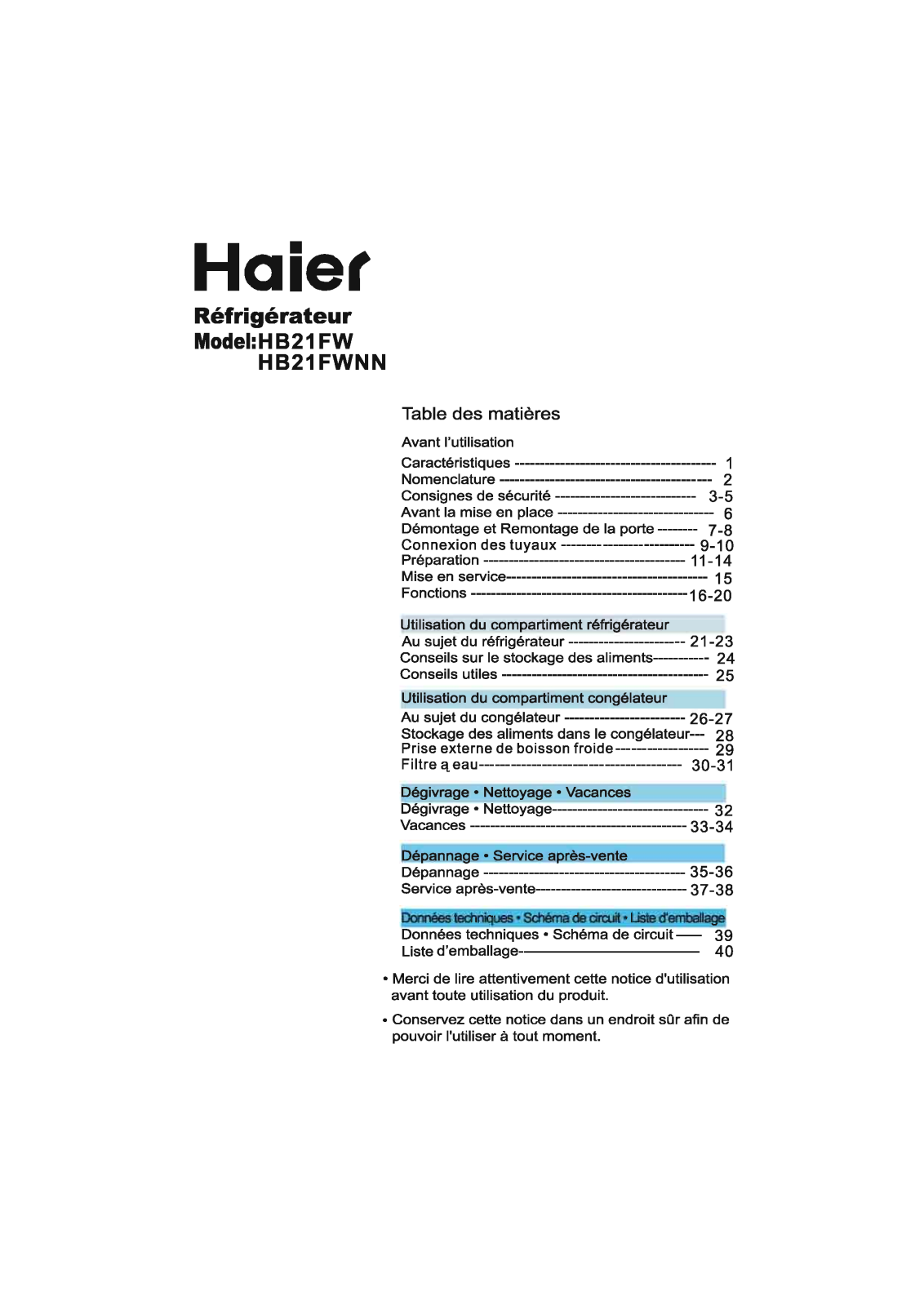 Haier HB21FW Owner's Manual