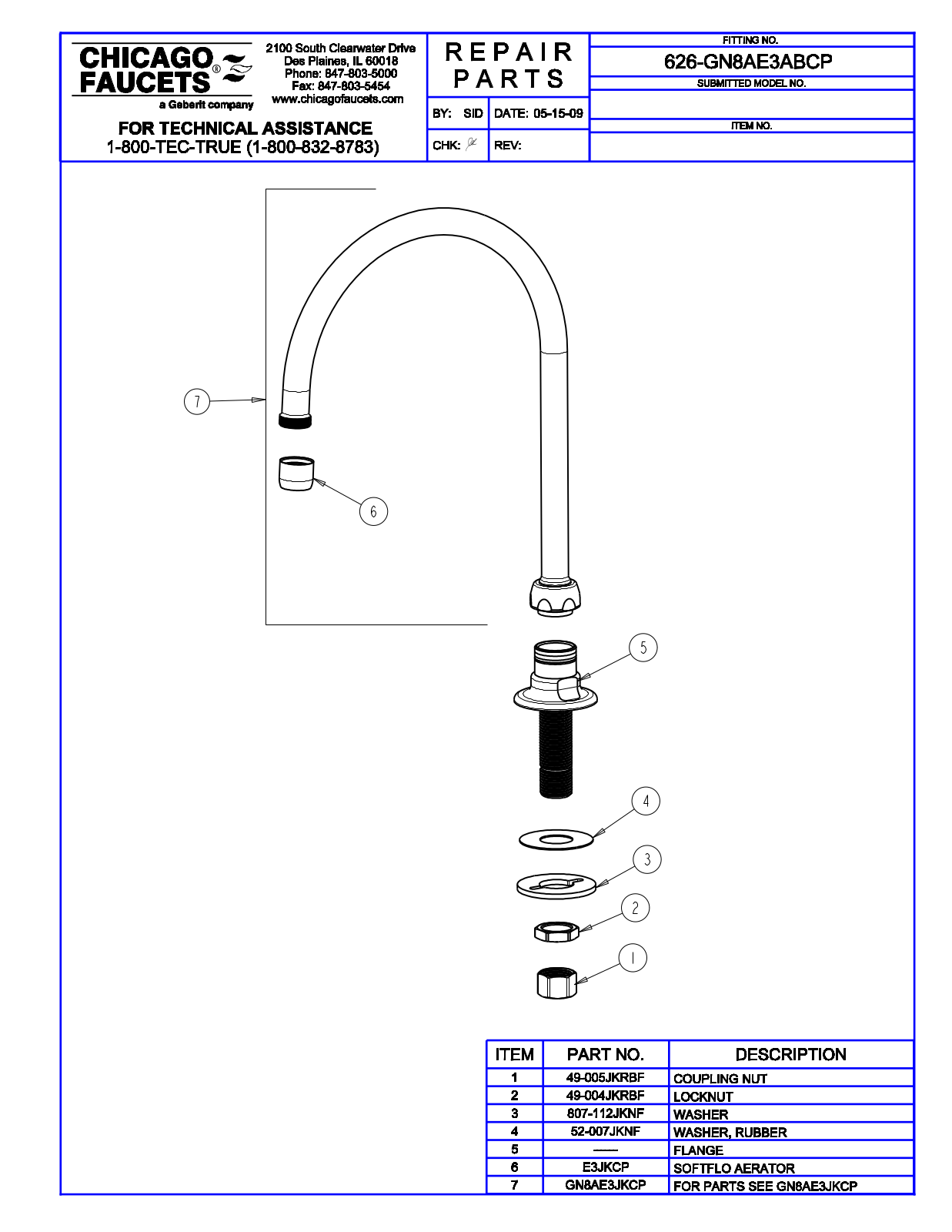 Chicago Faucet 626-GN8AE3ABCP Parts List