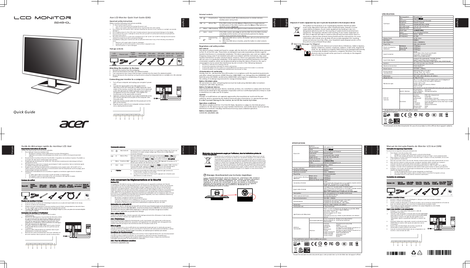 Acer B246HQL quick installation guide