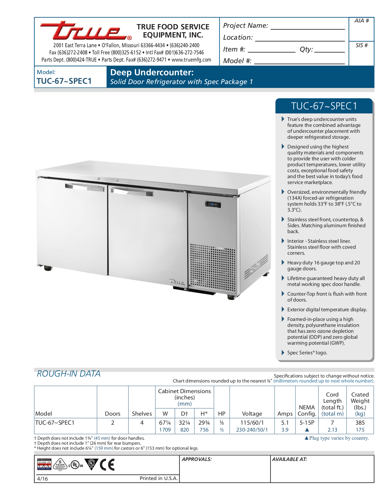 True Refrigeration TUC-67 User Manual