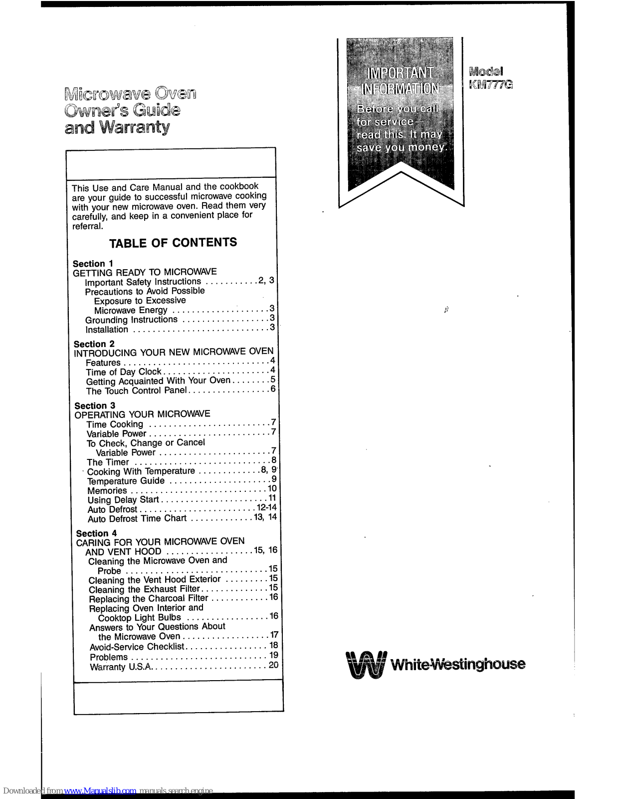 White-Westinghouse KM77G Owner's Manual