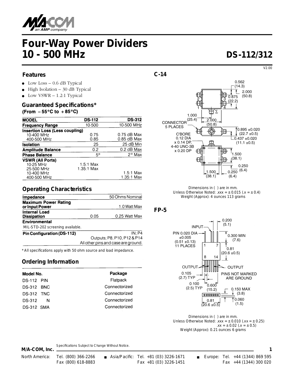 Datasheet DS-112, DS-312TNC, DS-312SMA, DS-312N, DS-312BNC Datasheet (MACOM) - ManualMachine.com