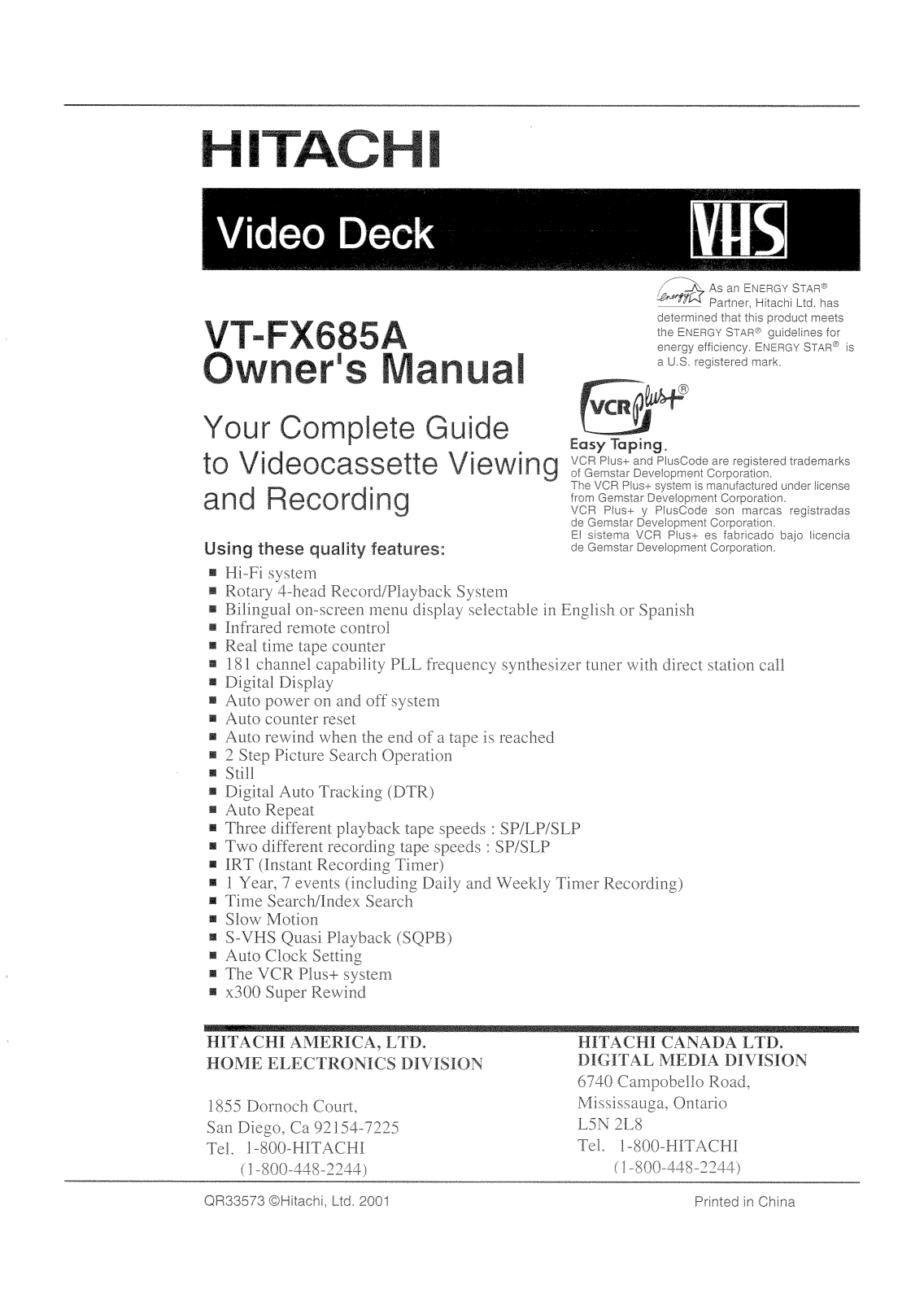 Hitachi VTFX685A Owner's Manual