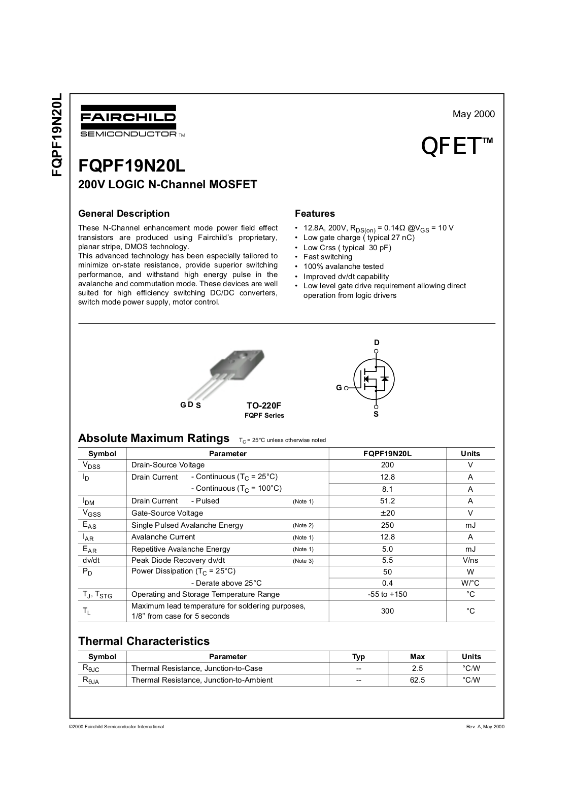 Fairchild Semiconductor FQPF19N20L Datasheet