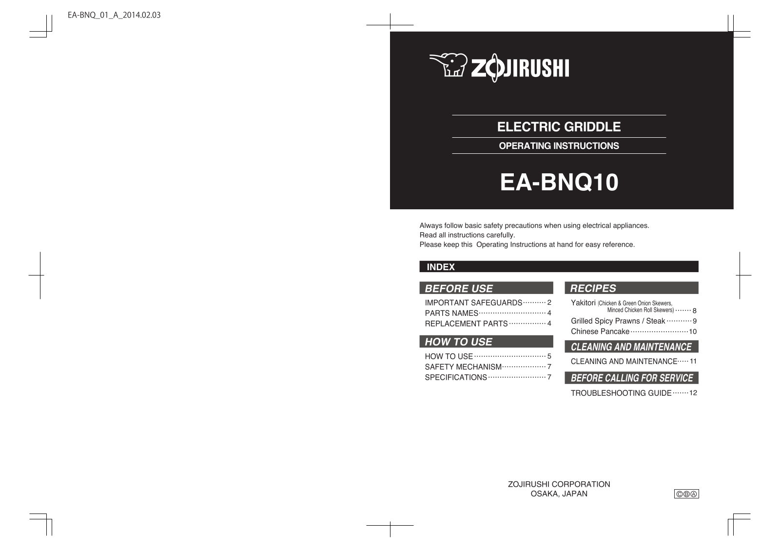 Zojirushi EA-BNQ10 Operating Instructions