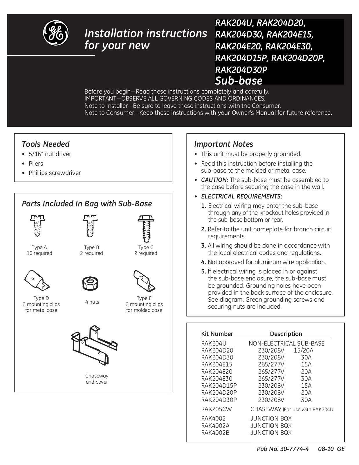 GE RAK204E20 Installation manual