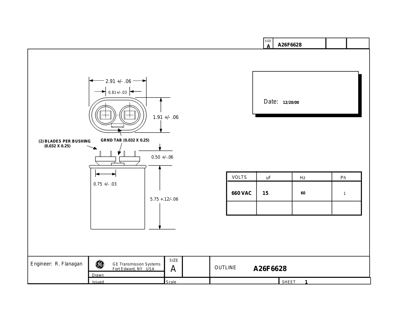GE Capacitor A26F6628 Dimensional Sheet