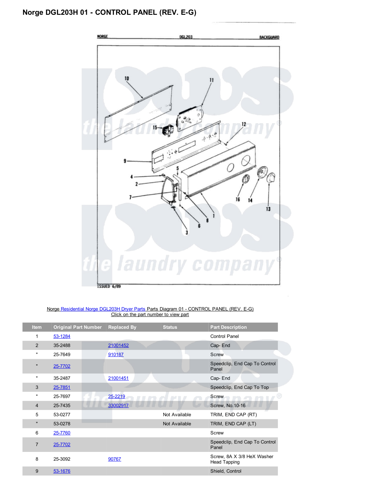 Norge DGL203H Parts Diagram