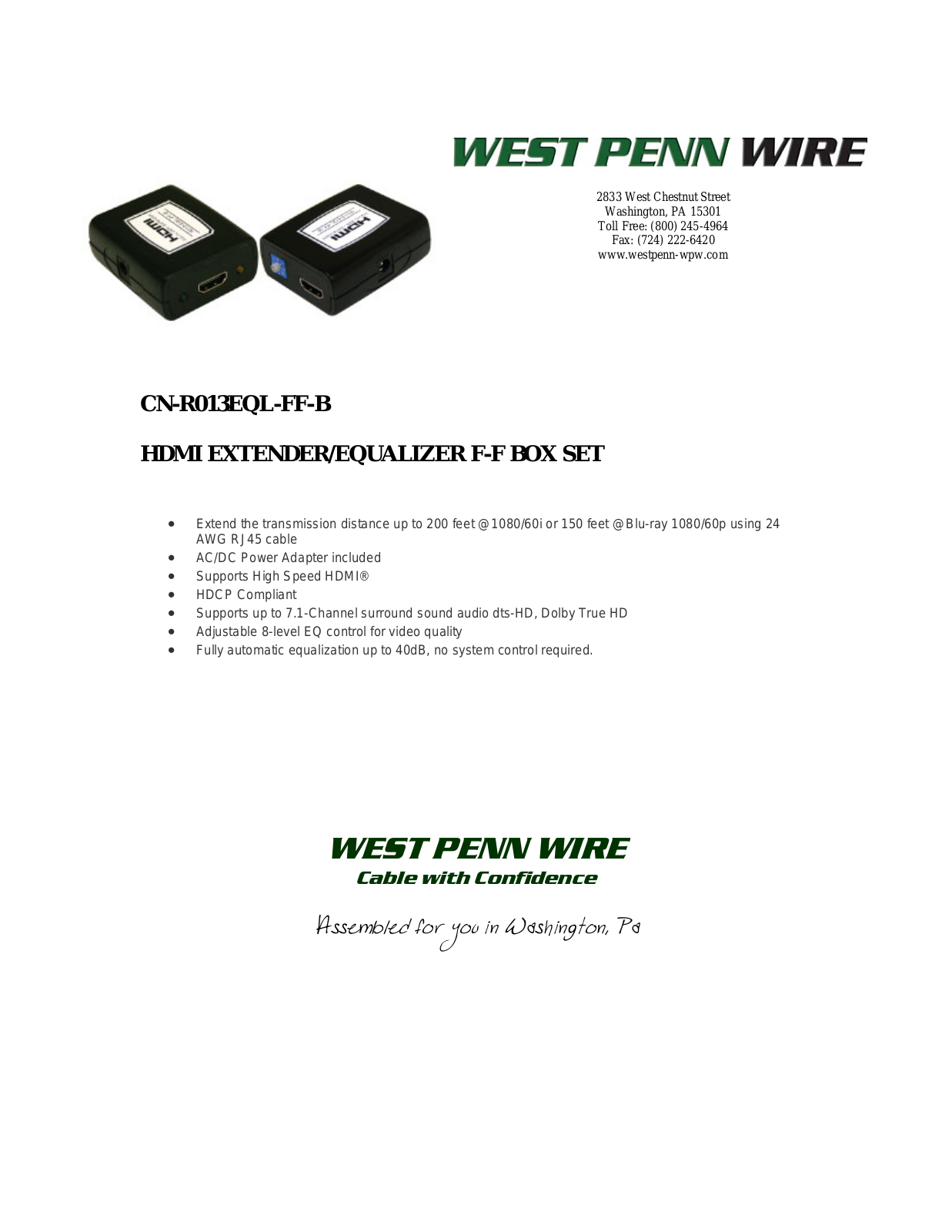 West Penn CN-R013EQLFF-B Specsheet