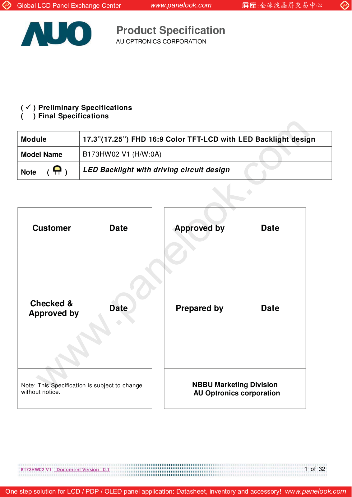 AUO B173HW02 V1 Specification