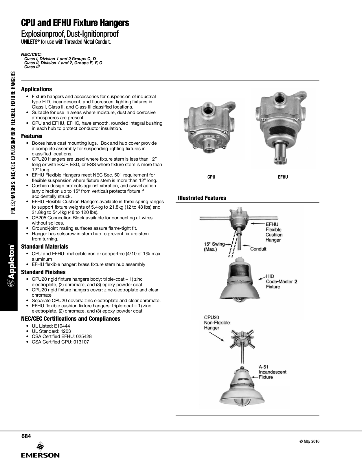 Appleton CPU Fixture Hangers, EFHU Fixture Hangers Catalog Page