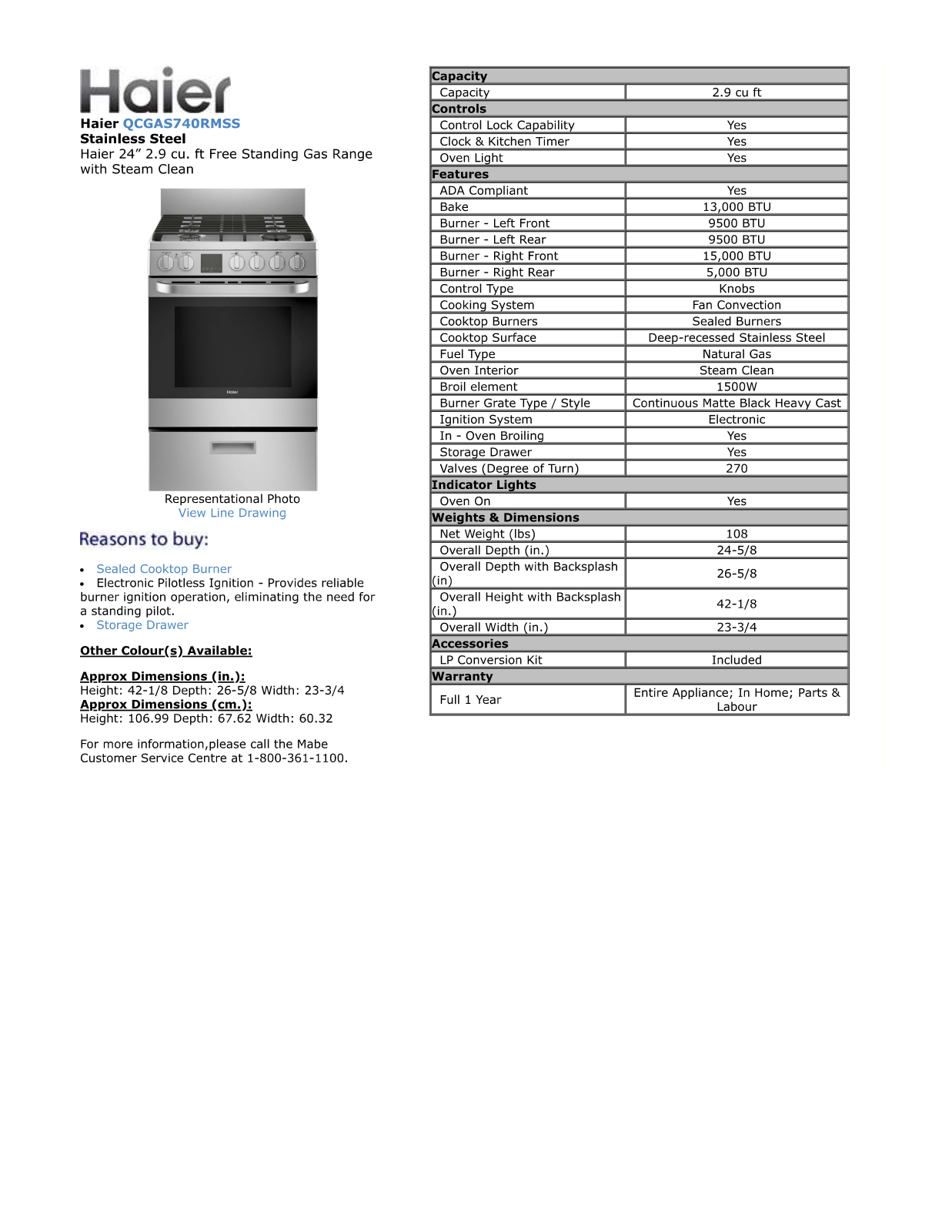 Haier QCGAS740RMSS PRODUCT SPECIFICATIONS