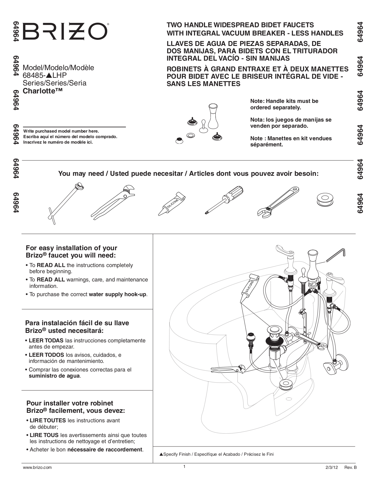 Brizo Charlotte 68485-LHP, Charlotte 64964-LHP Series Manual