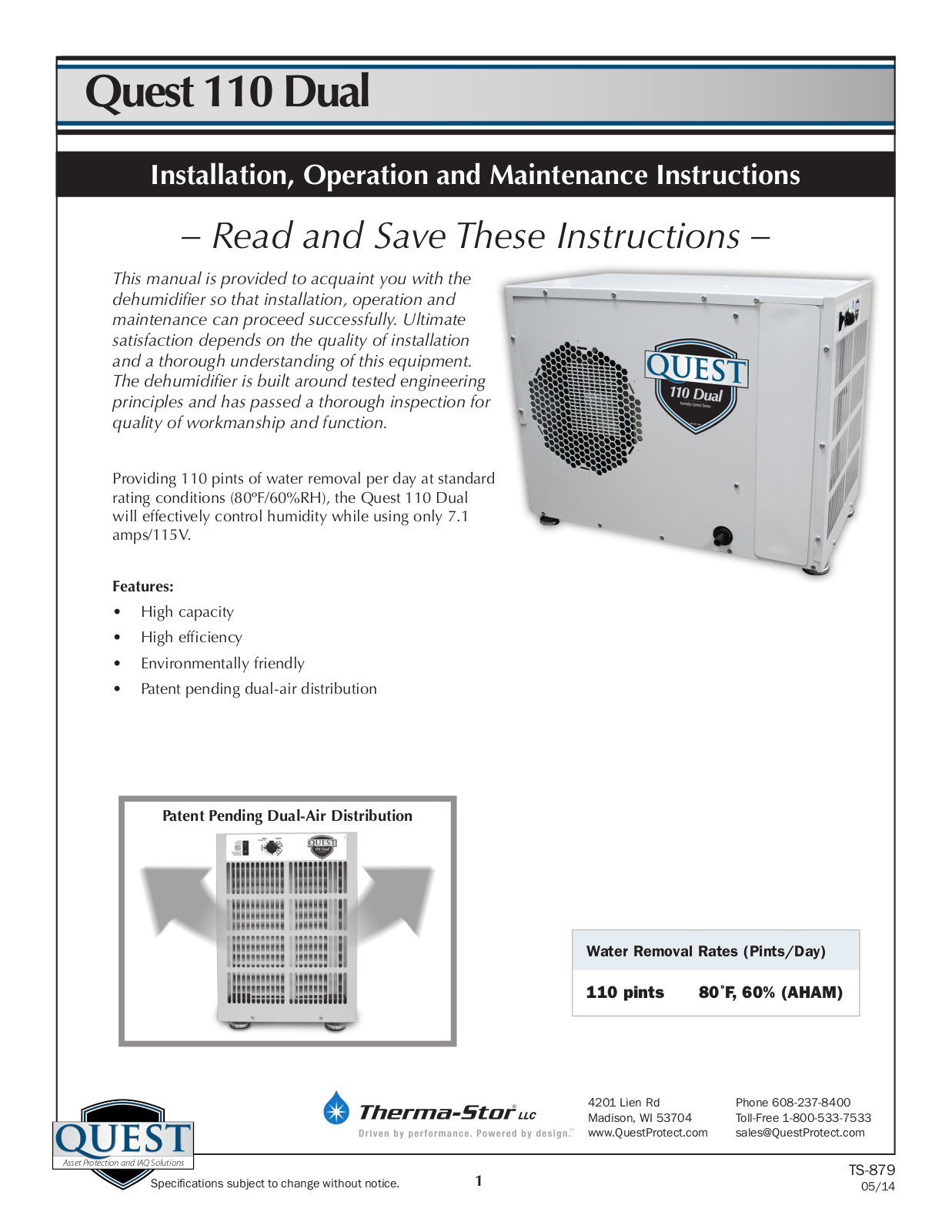 Sunlight Supply Quest Dual 110 Overhead Dehumidifier User Manual