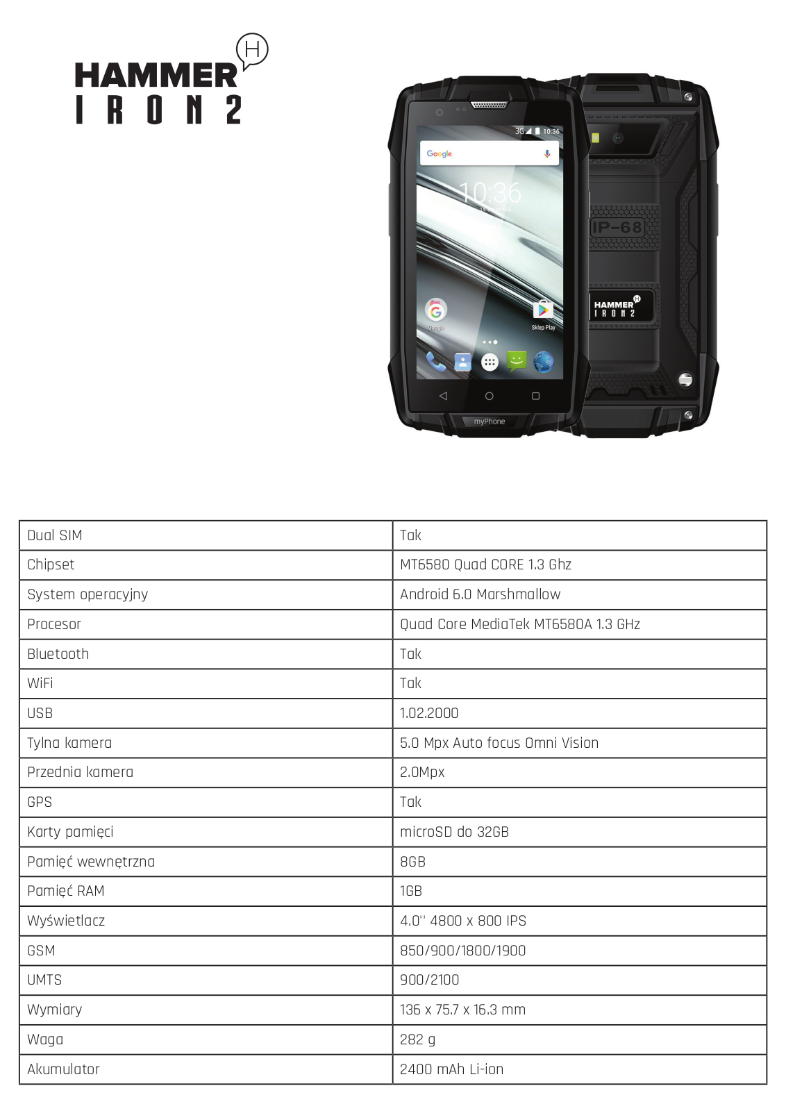 myPhone Hammer Explorer Pro Parametry techniczne