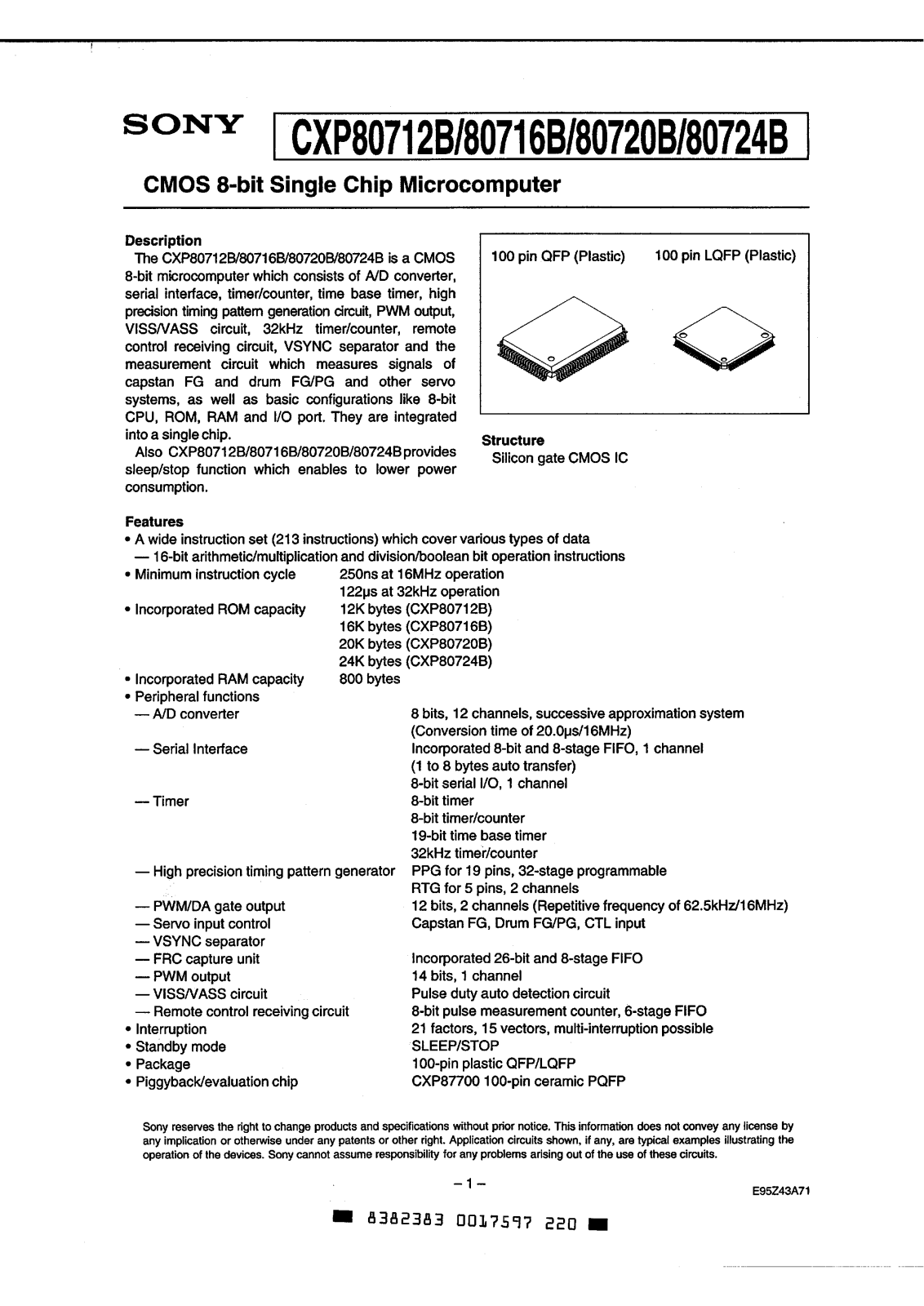 Sony CXP80720BR, CXP80720BQ, CXP80716BR, CXP80716BQ, CXP80712BR Datasheet