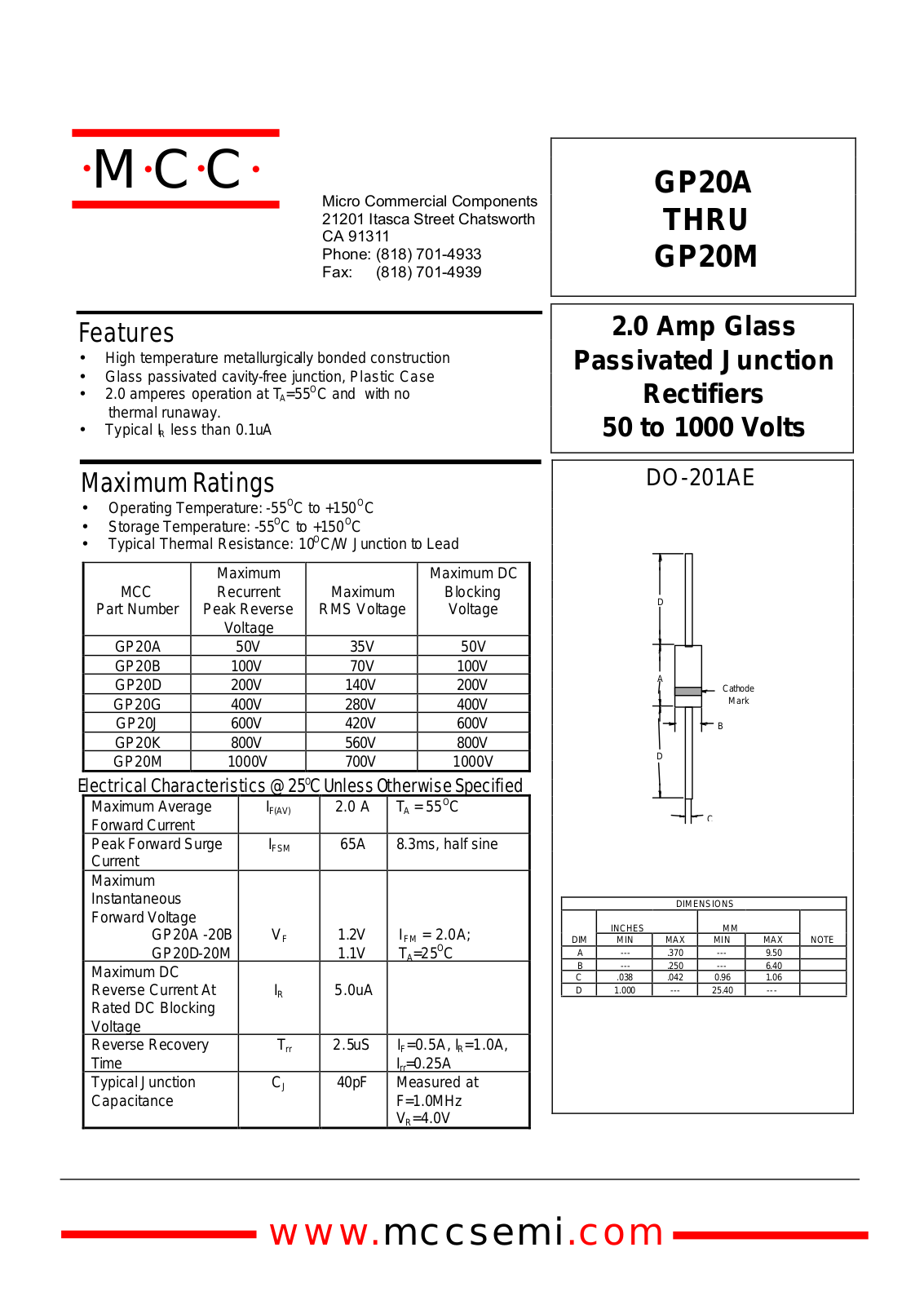 MCC GP20J, GP20G, GP20D, GP20M, GP20B Datasheet