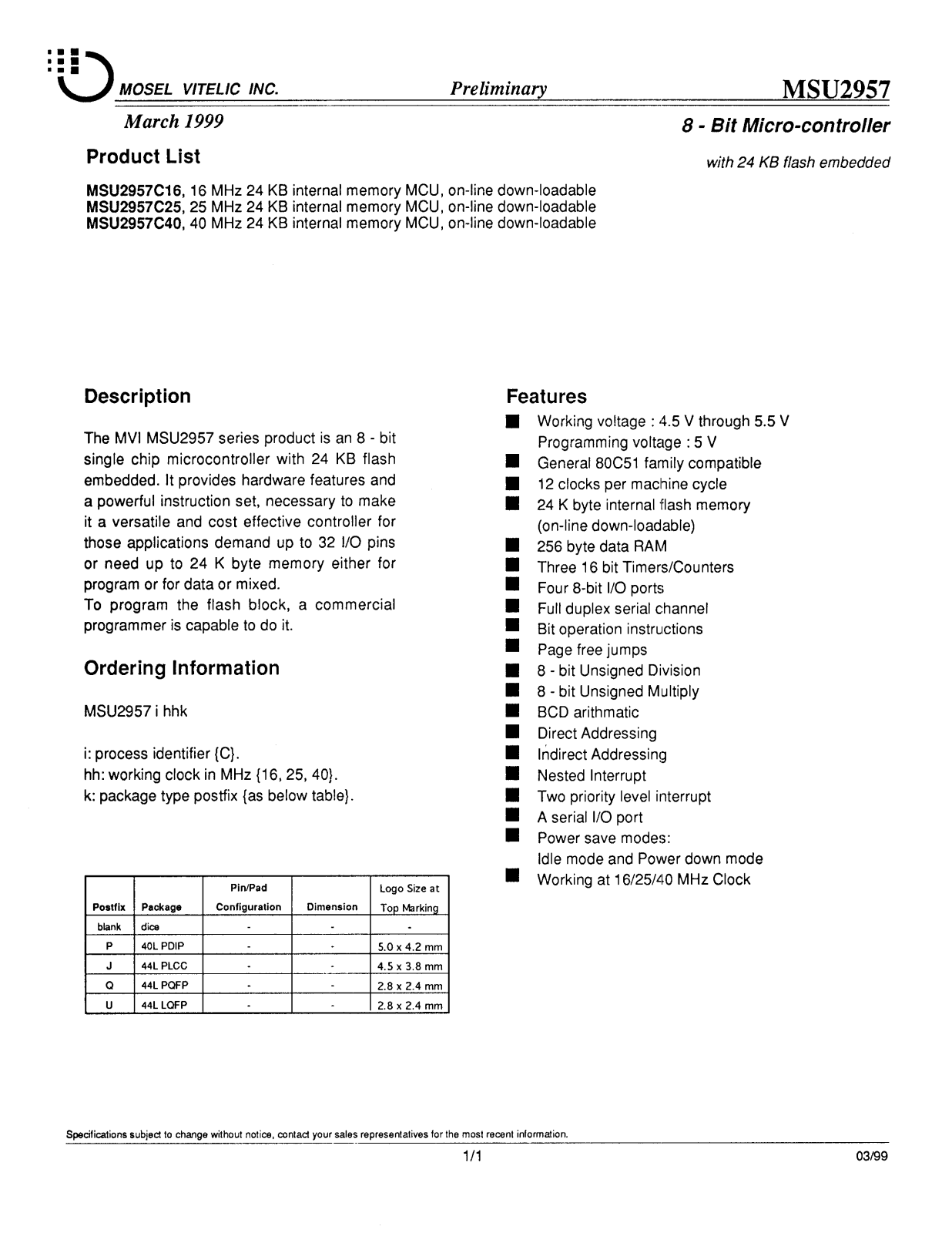 Mosel Vitelic MSU2957C16, MSU2957C40, MSU2957C25 Datasheet