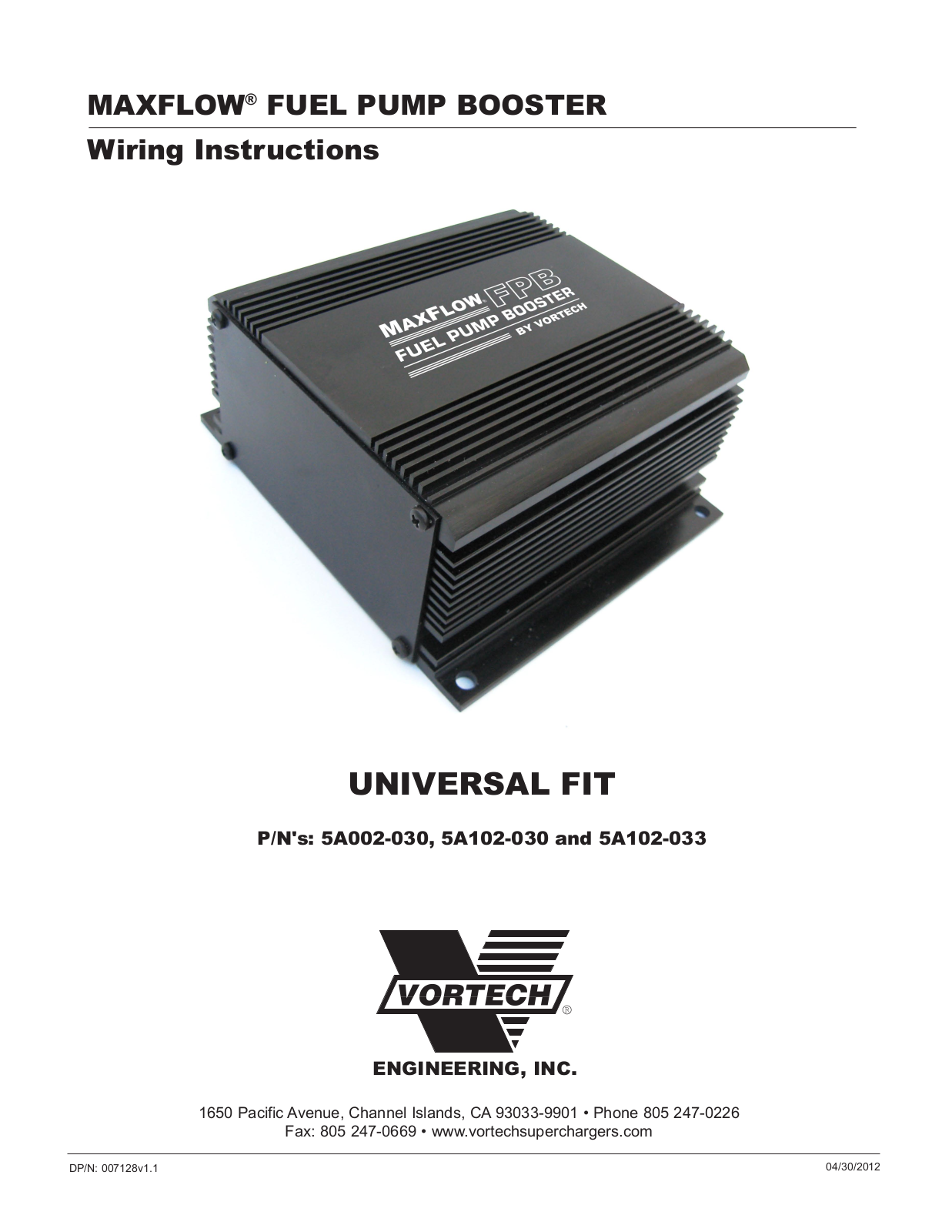 Vortech Maxflo Fuel Pump Booster User Manual