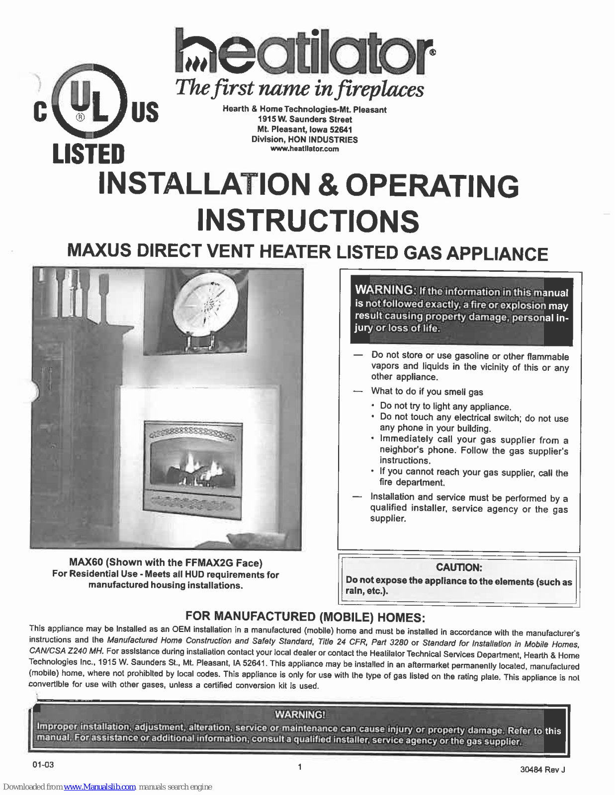 Heatilator MAX60F, MAX60E, MAX60LE, MAX60EF, MAX60LEF Installation & Operating Instructions Manual