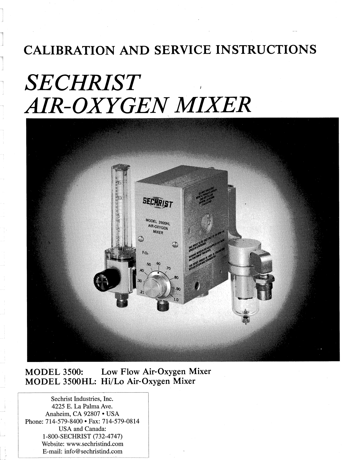 Sechrist Air-Oxygen Mixer Service manual