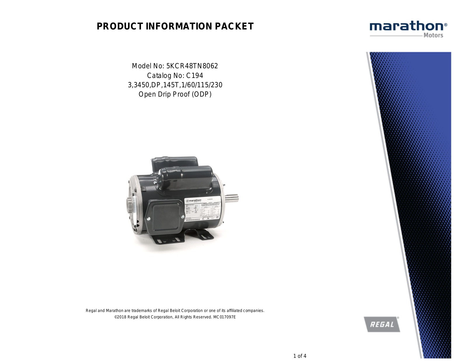 Marathon Electric 5KCR48TN8062 Product Information Packet