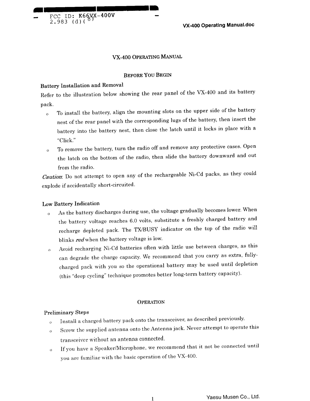 Yaesu Musen VX 400V User Manual