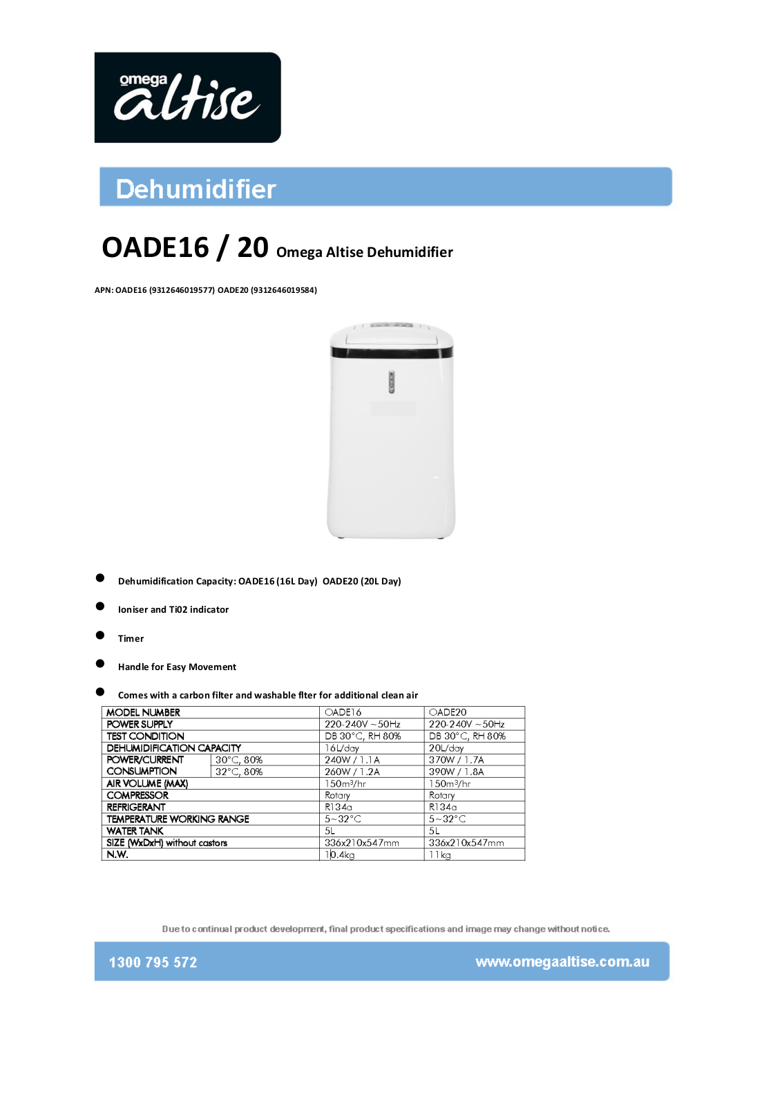 Omega Altise OADE20 Specifications Sheet