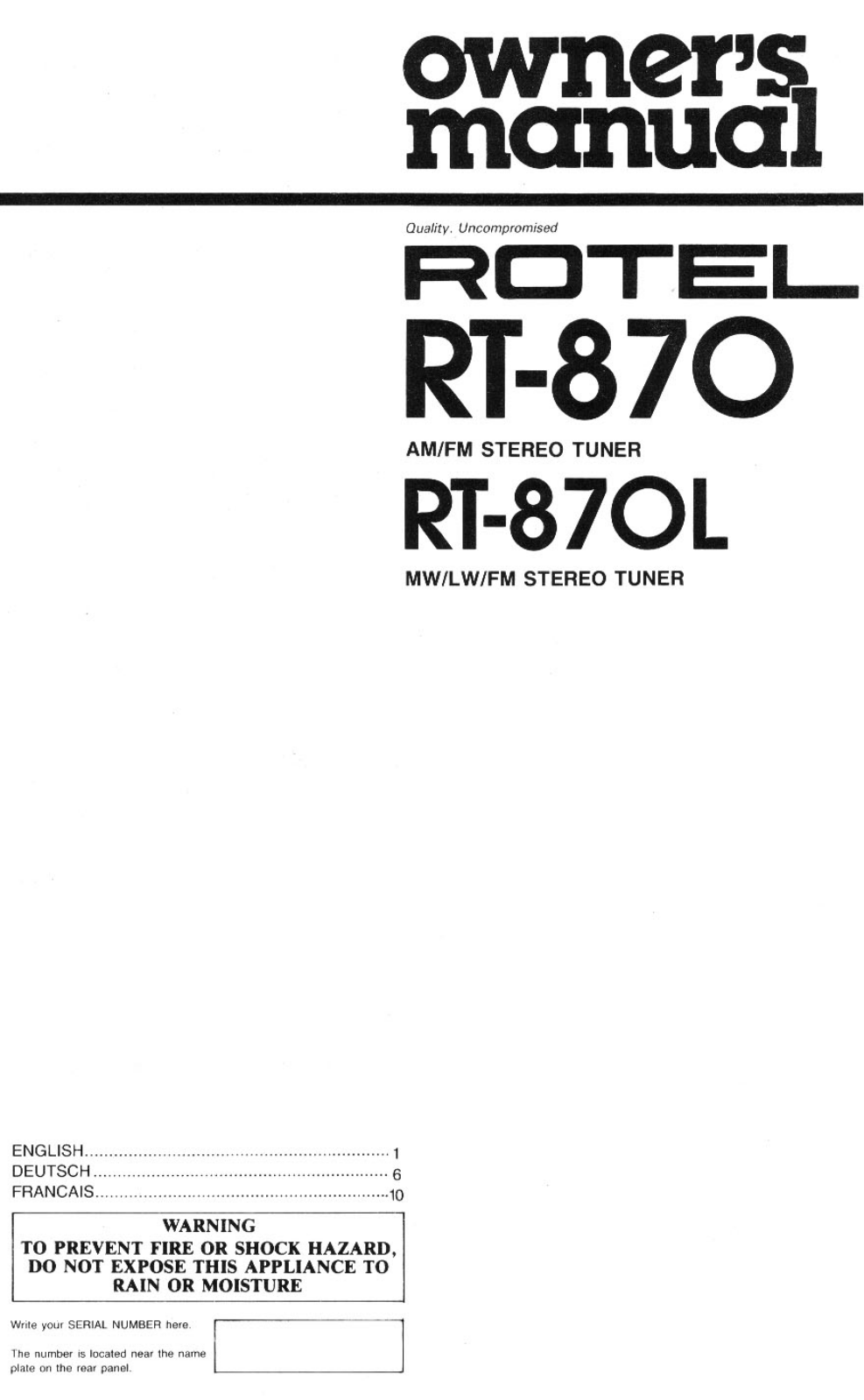 Rotel RT-870L, RT-870 User Manual